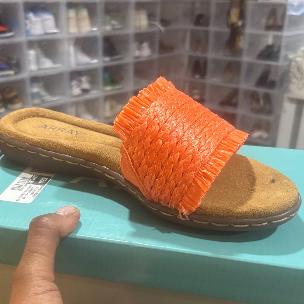 Array Women's Bright Orange Woven Sandals… this Sandler are very WIDE